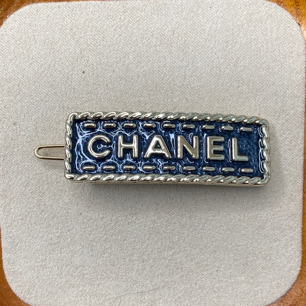 CHANEL Navy and Silver Logo Hair Clip